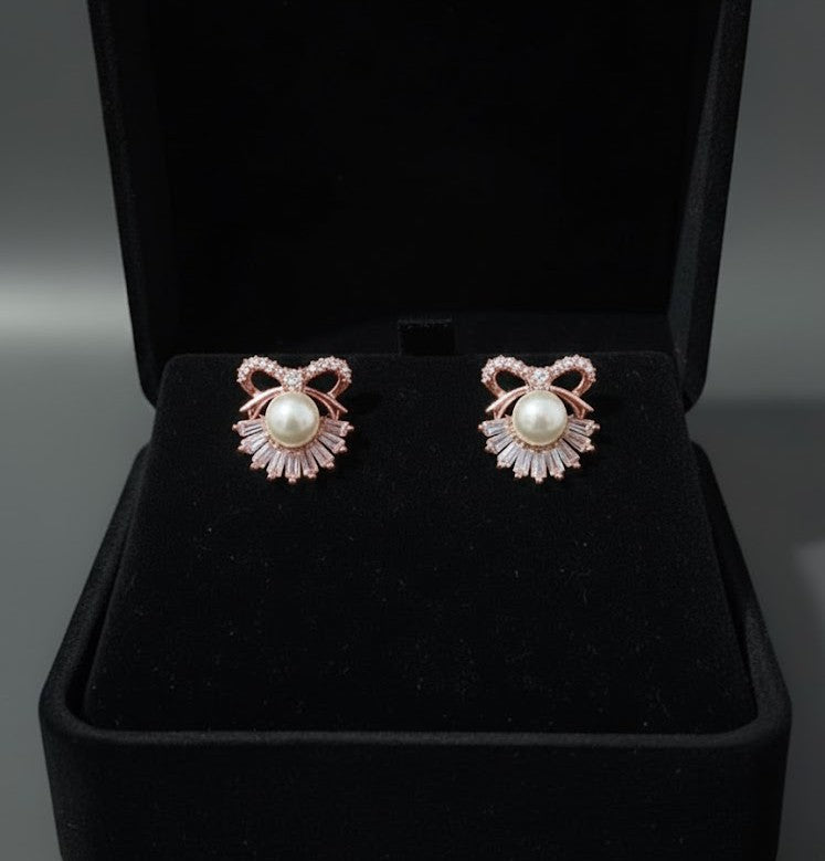 Bow Protected Pearl Rose Gold Stud Earrings
