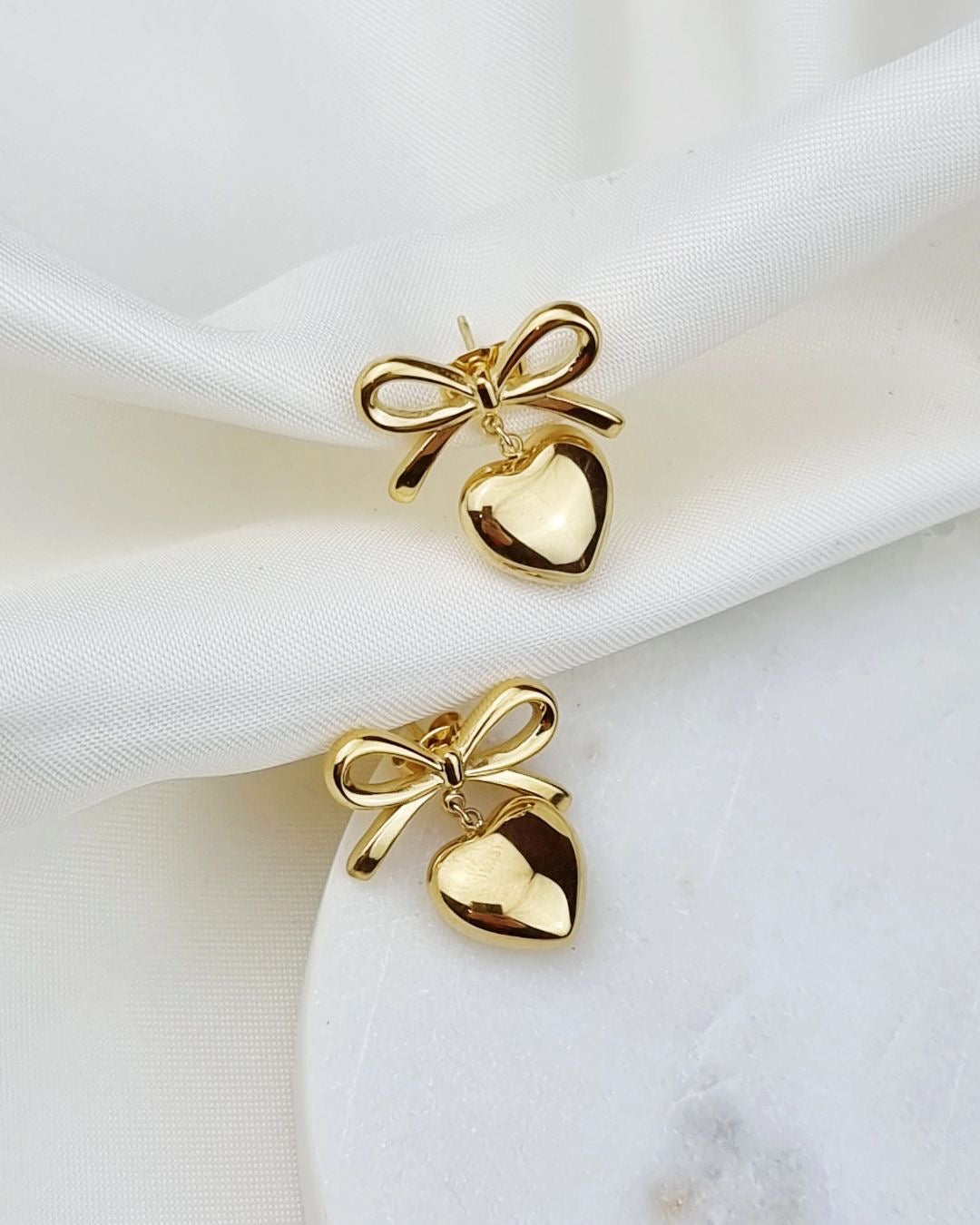 Bow Heart Drop Gold-Toned Earrings