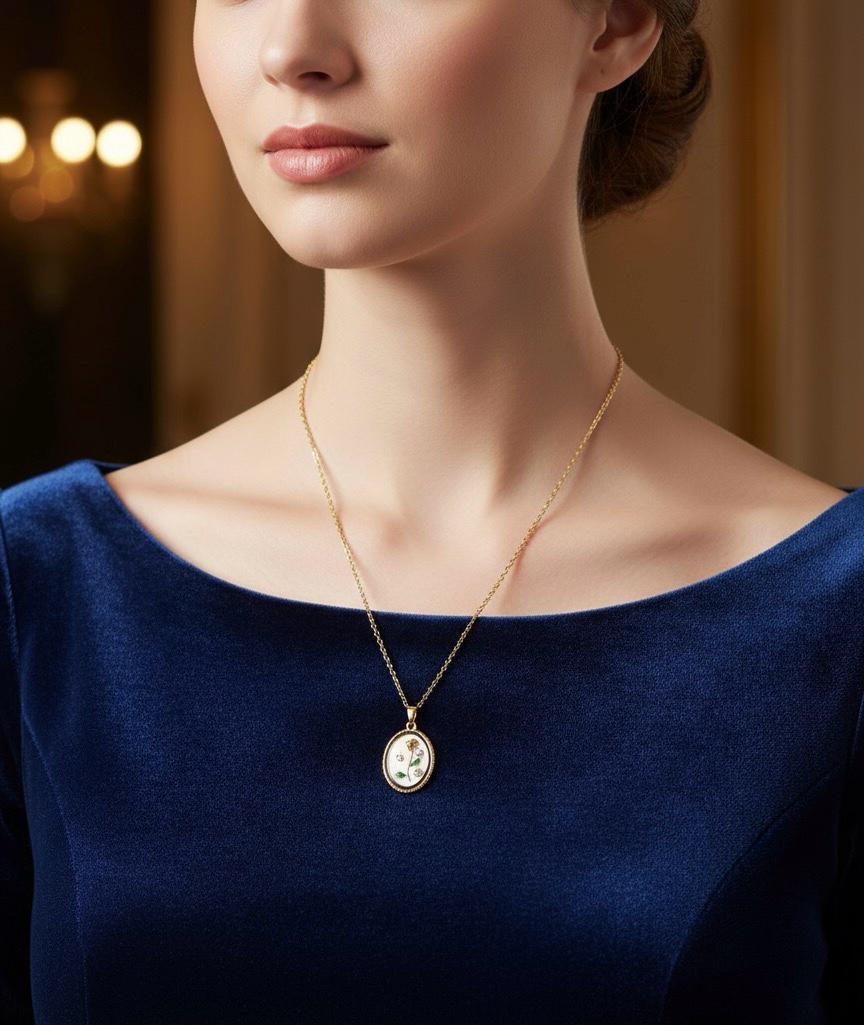 Framed Rose Enamel Pendant Necklace