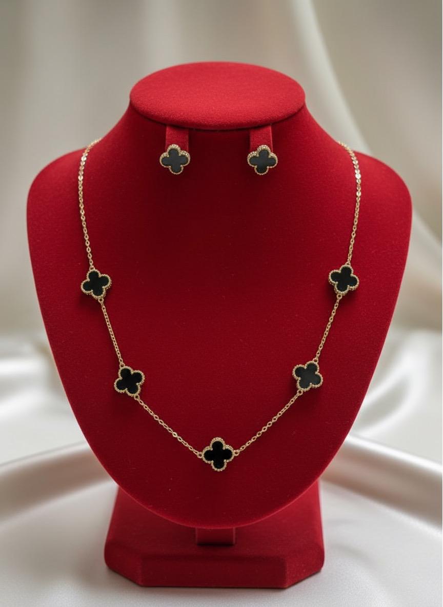 Charm of the Night Multi Black Clover Neck Chain and Earring Set