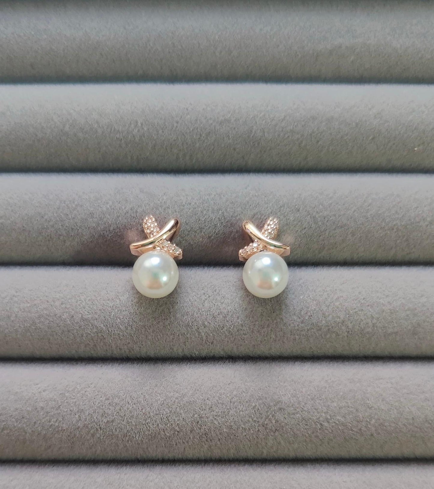 Korean Cross Pearl Rose Gold Stud Earrings