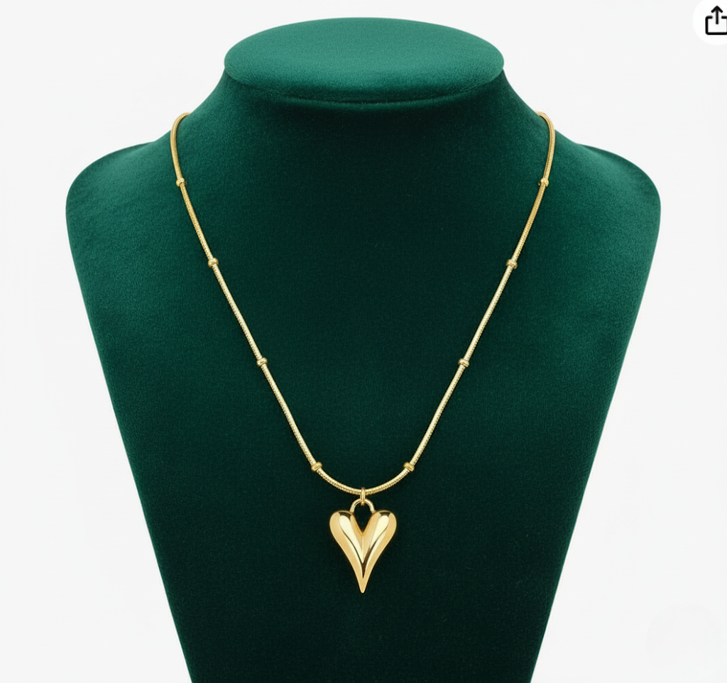 Golden Puffed Heart Pendant Necklace