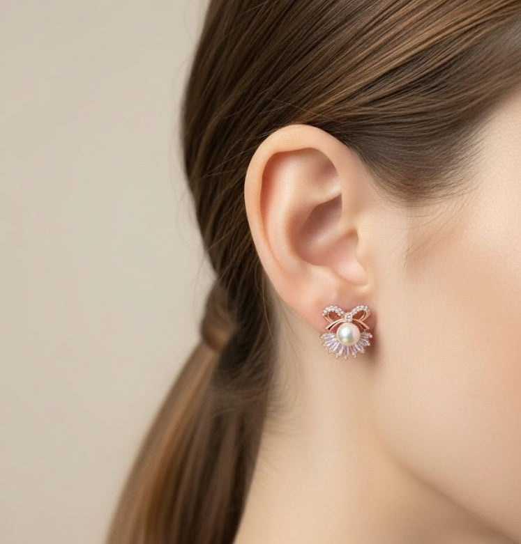 Bow Protected Pearl Rose Gold Stud Earrings