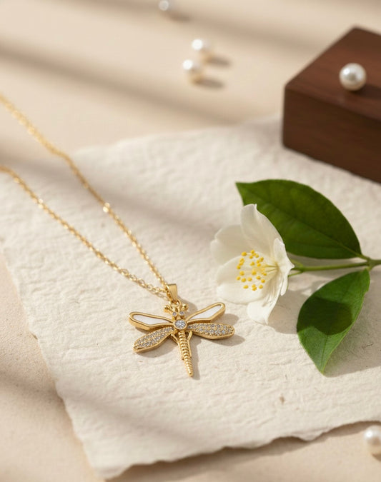 Stoned Dragonfly Pendant Gold Necklace