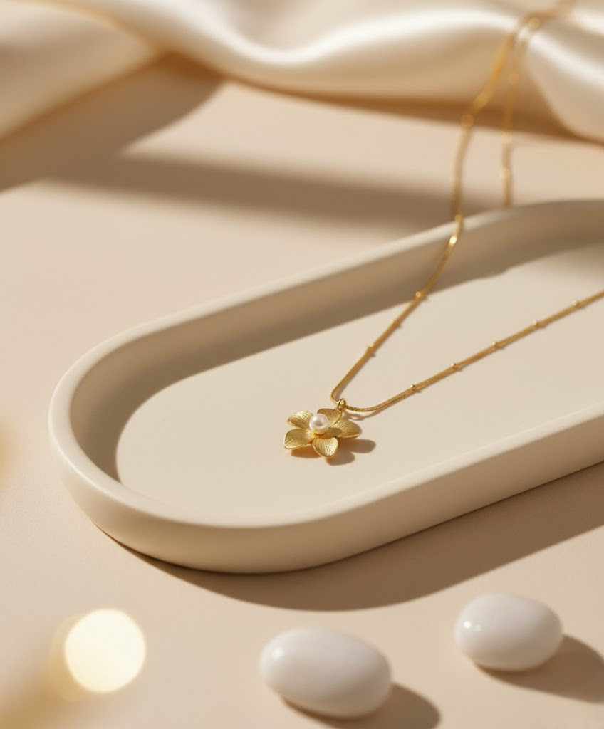 Gold Flower & Pearl Pendant Necklace