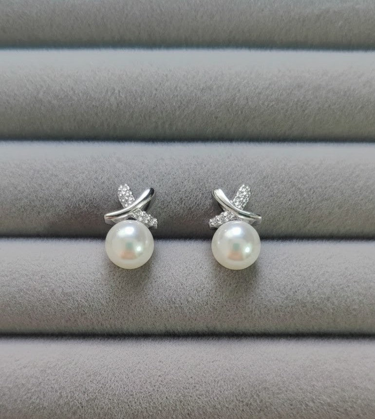 Korean Cross Pearl Silver Stud Earrings