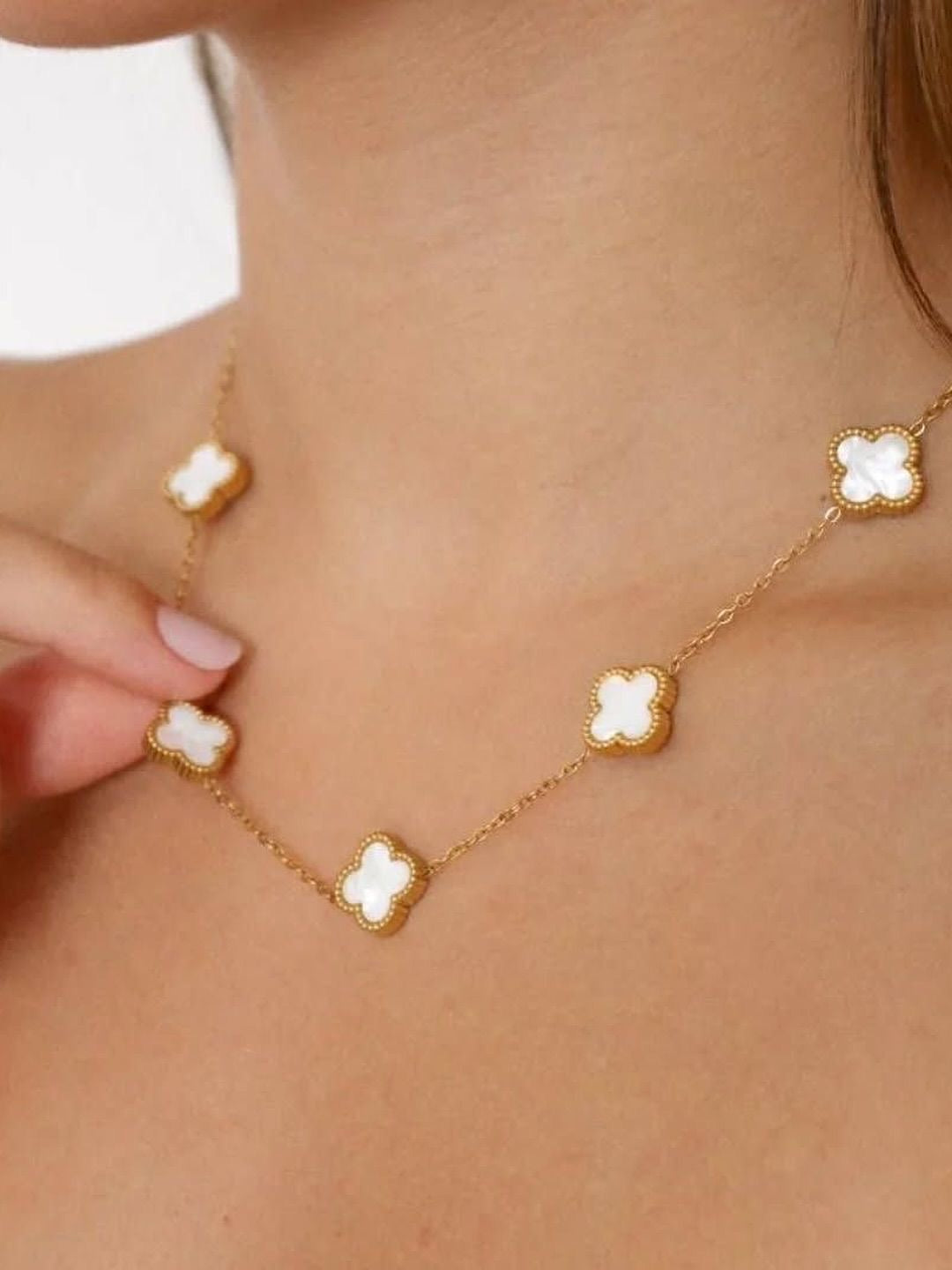 Elegant White Clover Necklace and Earring Set