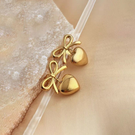 Bow Heart Drop Gold-Toned Earrings