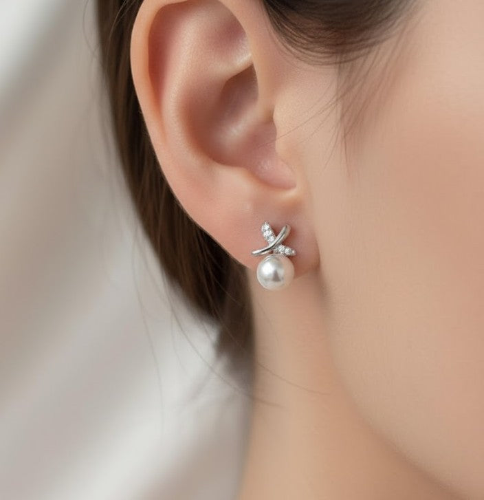Korean Cross Pearl Silver Stud Earrings