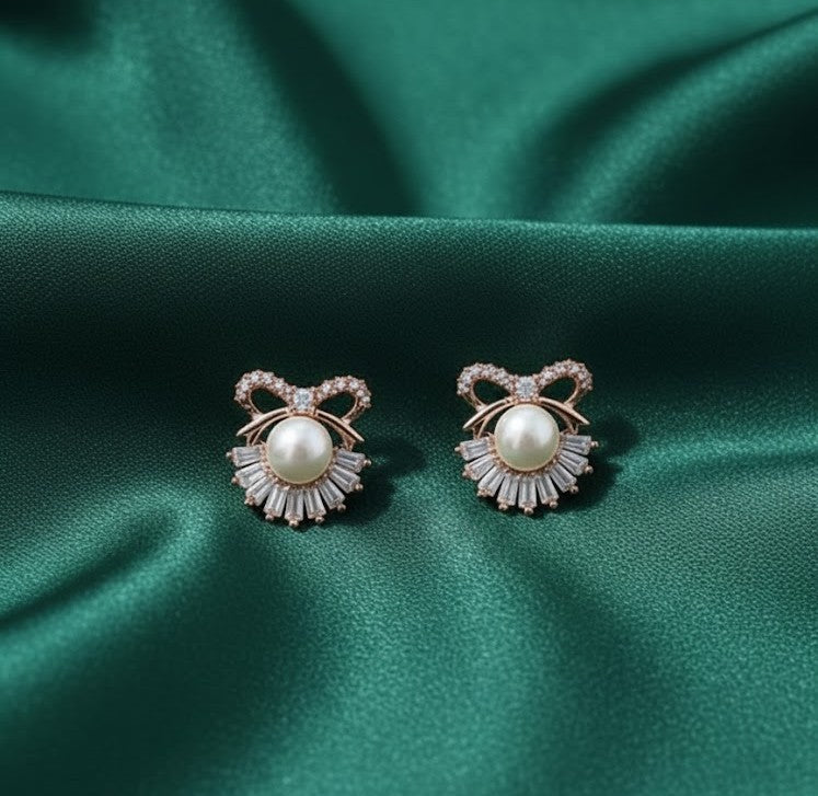 Bow Protected Pearl Rose Gold Stud Earrings