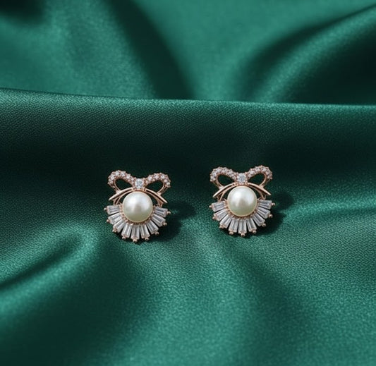 Bow Protected Pearl Rose Gold Stud Earrings