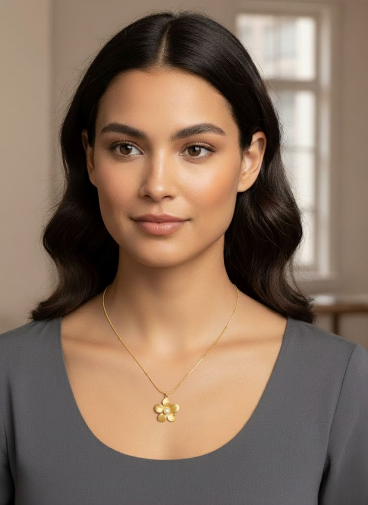 Gold Flower & Pearl Pendant Necklace