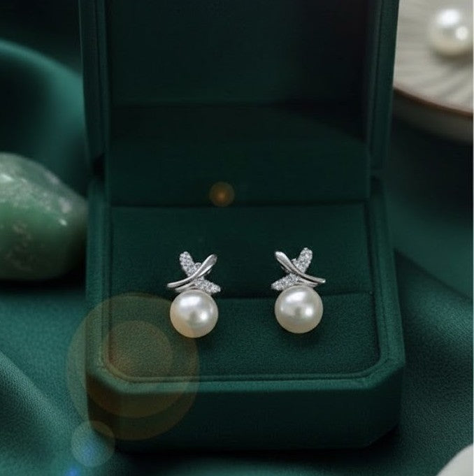 Korean Cross Pearl Silver Stud Earrings