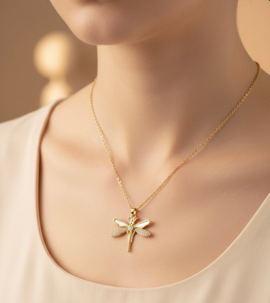 Stoned Dragonfly Pendant Gold Necklace