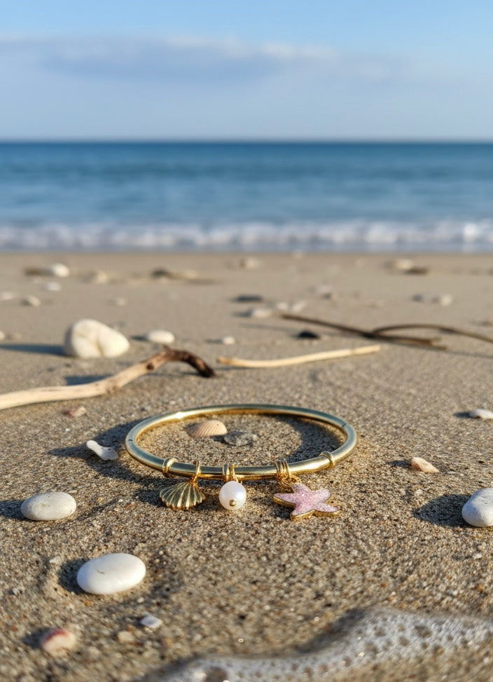 Starfish and Shell Charm Bangle Bracelet