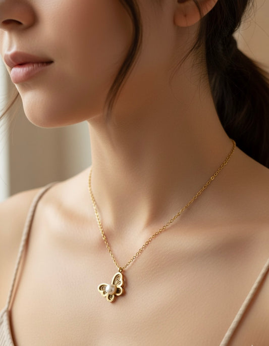 Butterfly with Pearl Pendant Necklace