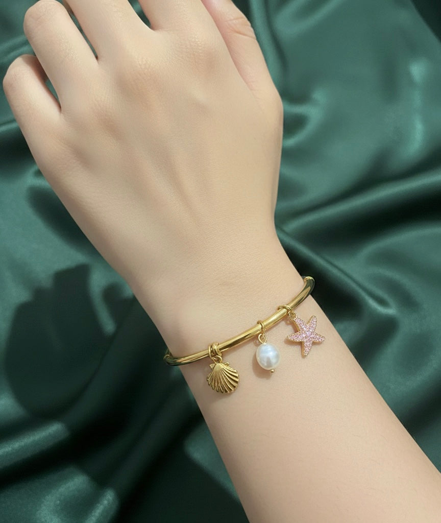 Starfish and Shell Charm Bangle Bracelet