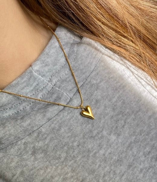Golden Puffed Heart Pendant Necklace
