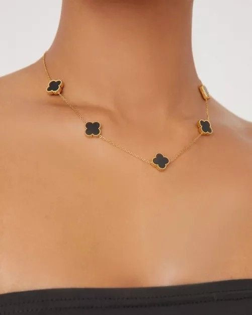 Charm of the Night Multi Black Clover Neck Chain and Earring Set