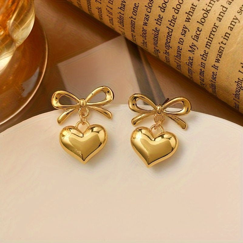 Bow Heart Drop Gold-Toned Earrings
