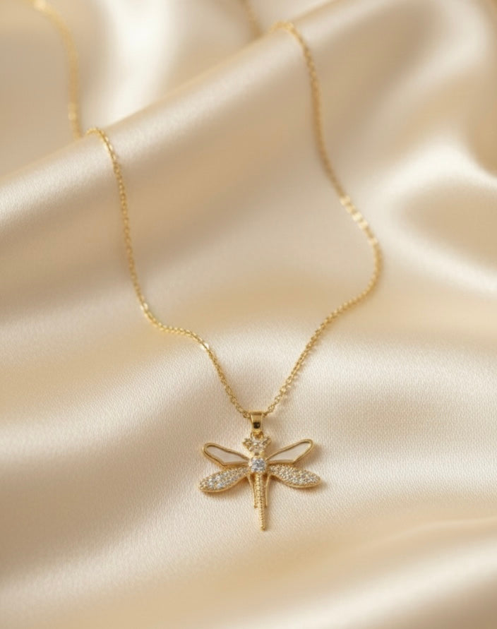 Stoned Dragonfly Pendant Gold Necklace