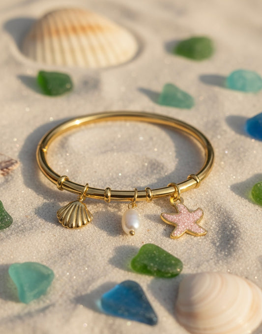 Starfish and Shell Charm Bangle Bracelet