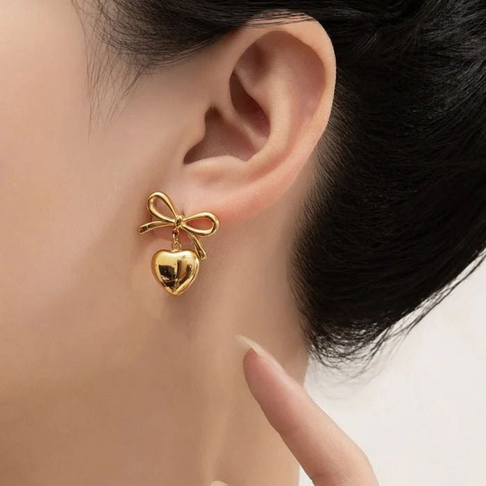 Bow Heart Drop Gold-Toned Earrings