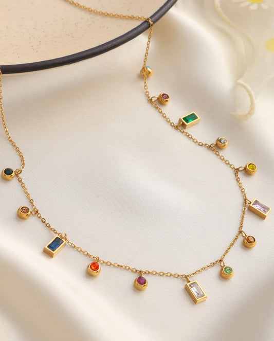 Multicolor Gemstone Drop Charm Necklace
