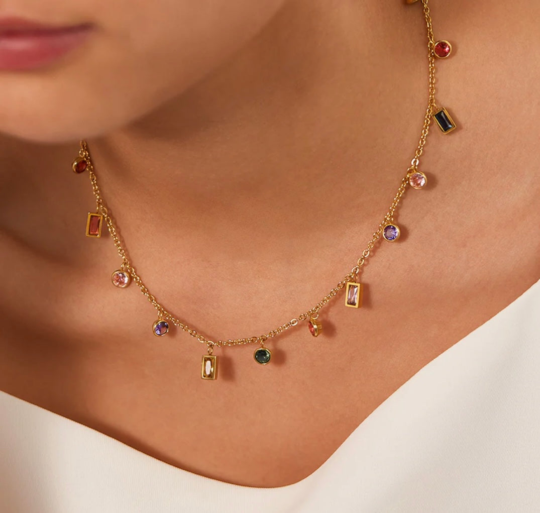 Multicolor Gemstone Drop Charm Necklace