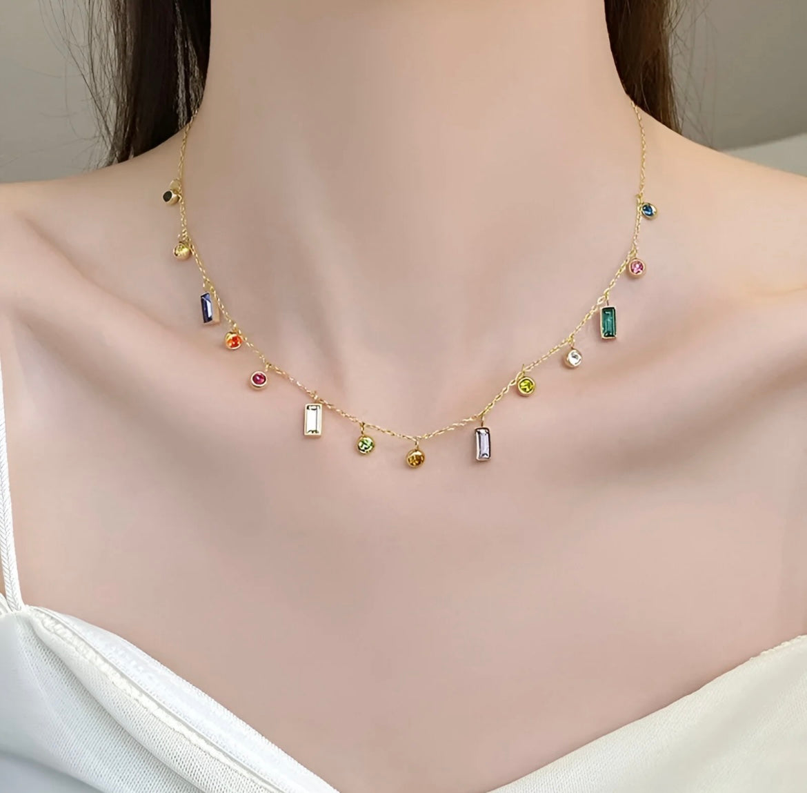 Multicolor Gemstone Drop Charm Necklace