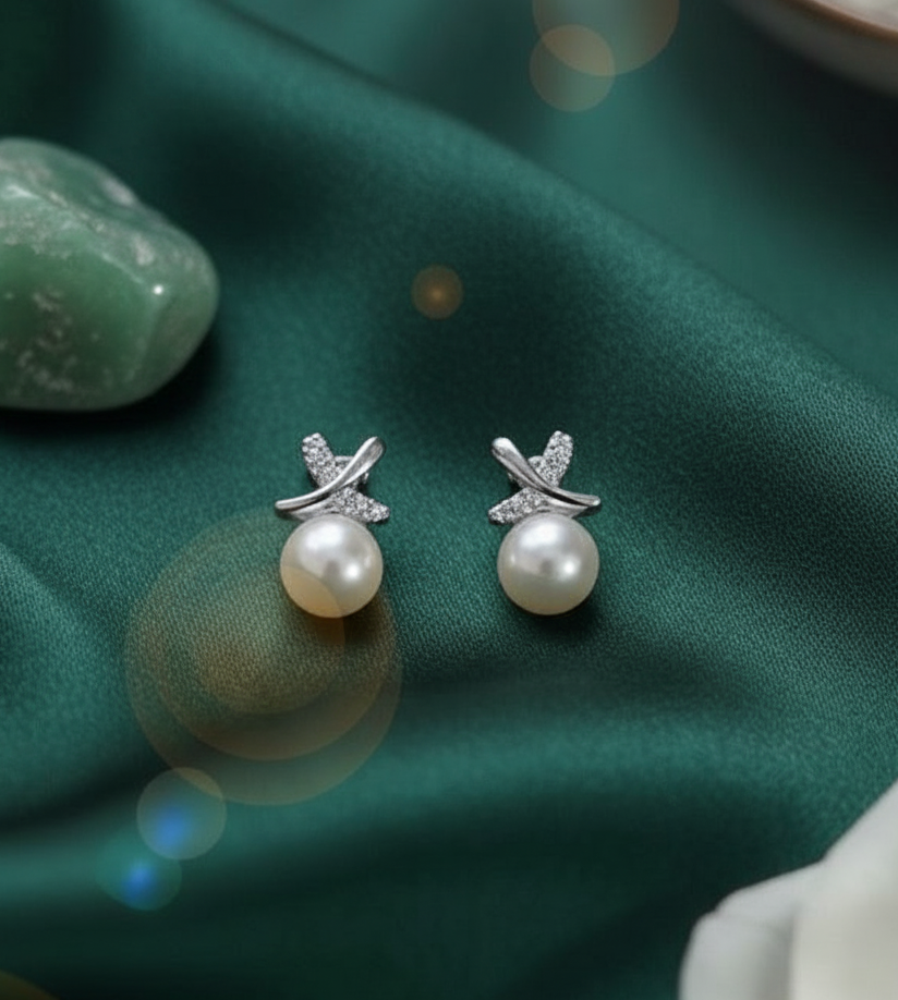 Korean Cross Pearl Silver Stud Earrings