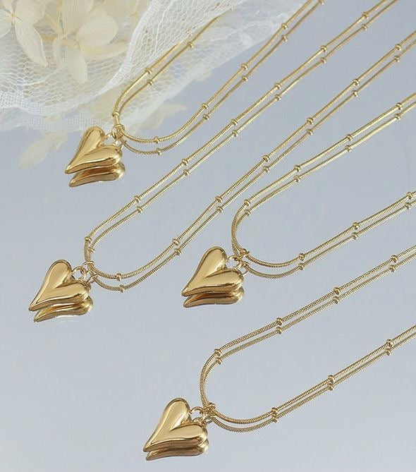 Golden Puffed Heart Pendant Necklace