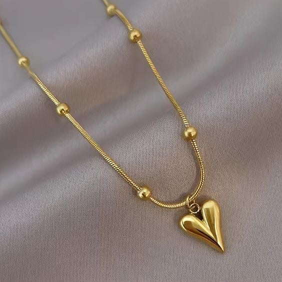 Golden Puffed Heart Pendant Necklace