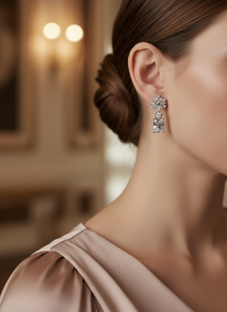Cubic Diamond Drop Floral Silver Earrings