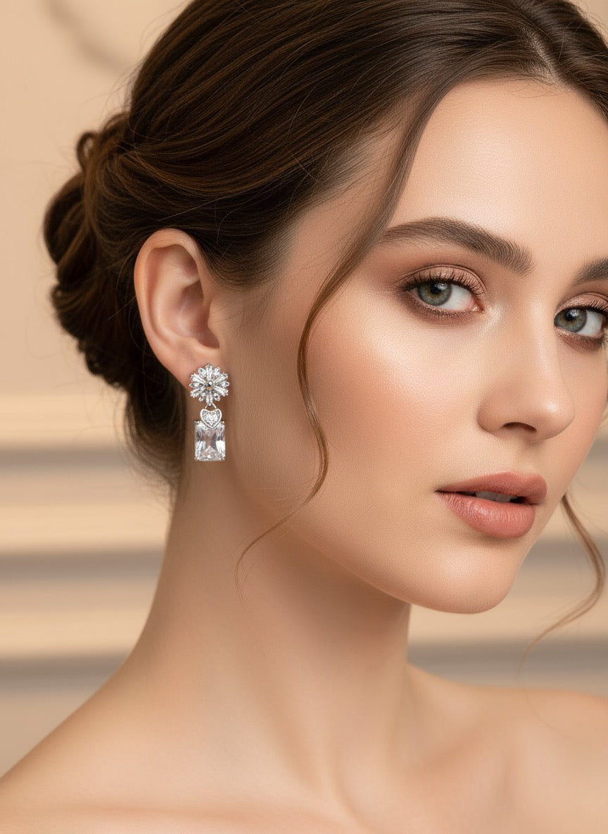 Cubic Diamond Drop Floral Silver Earrings