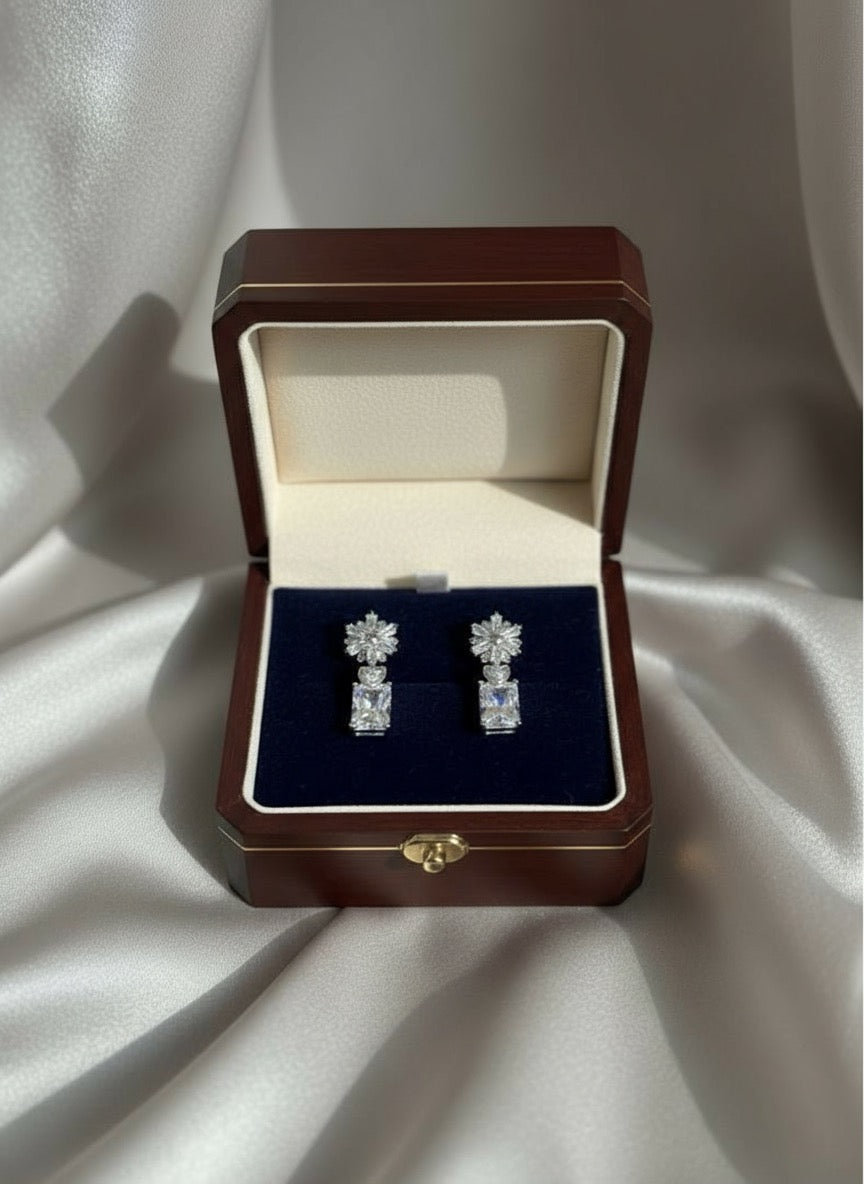 Cubic Diamond Drop Floral Silver Earrings