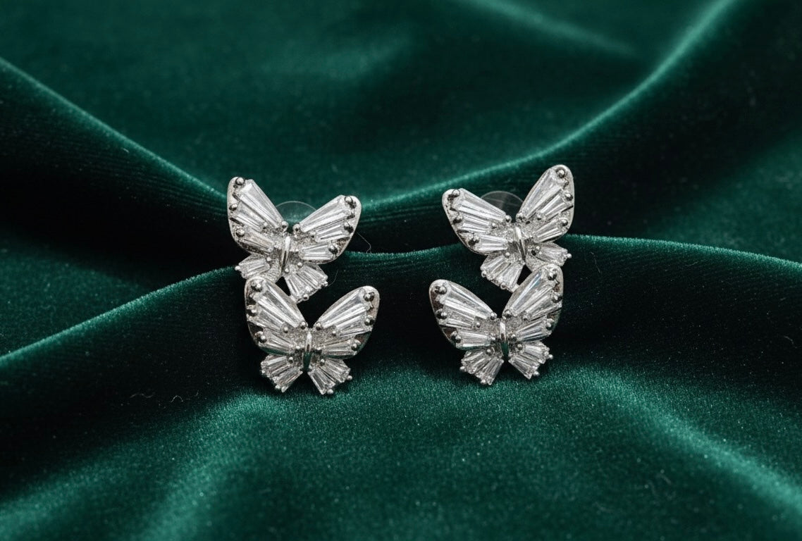 Dual Butterfly Drop Silver Earrings