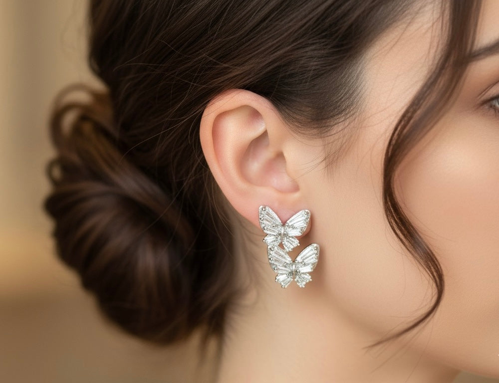 Dual Butterfly Drop Silver Earrings