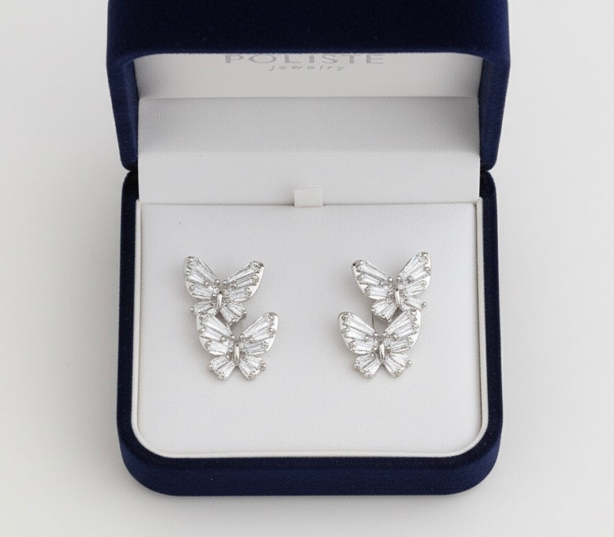Dual Butterfly Drop Silver Earrings