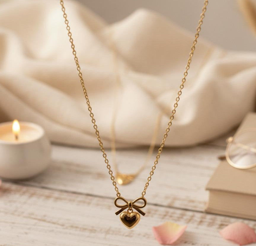 Dainty Heart & Bow Necklace