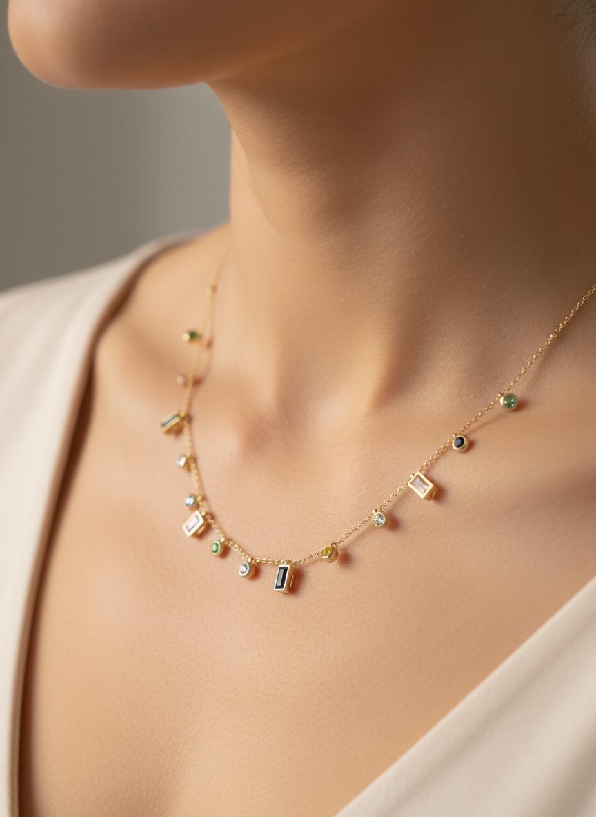 Multicolor Gemstone Drop Charm Necklace