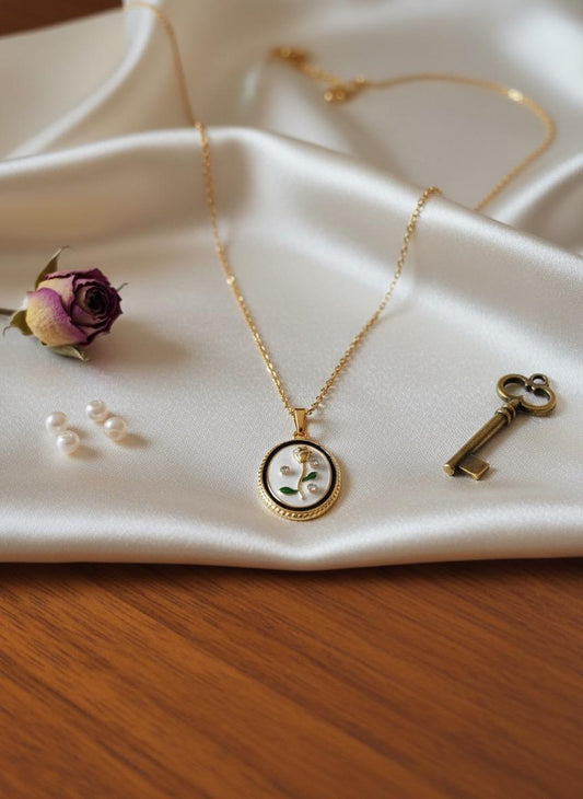 Framed Rose Enamel Pendant Necklace