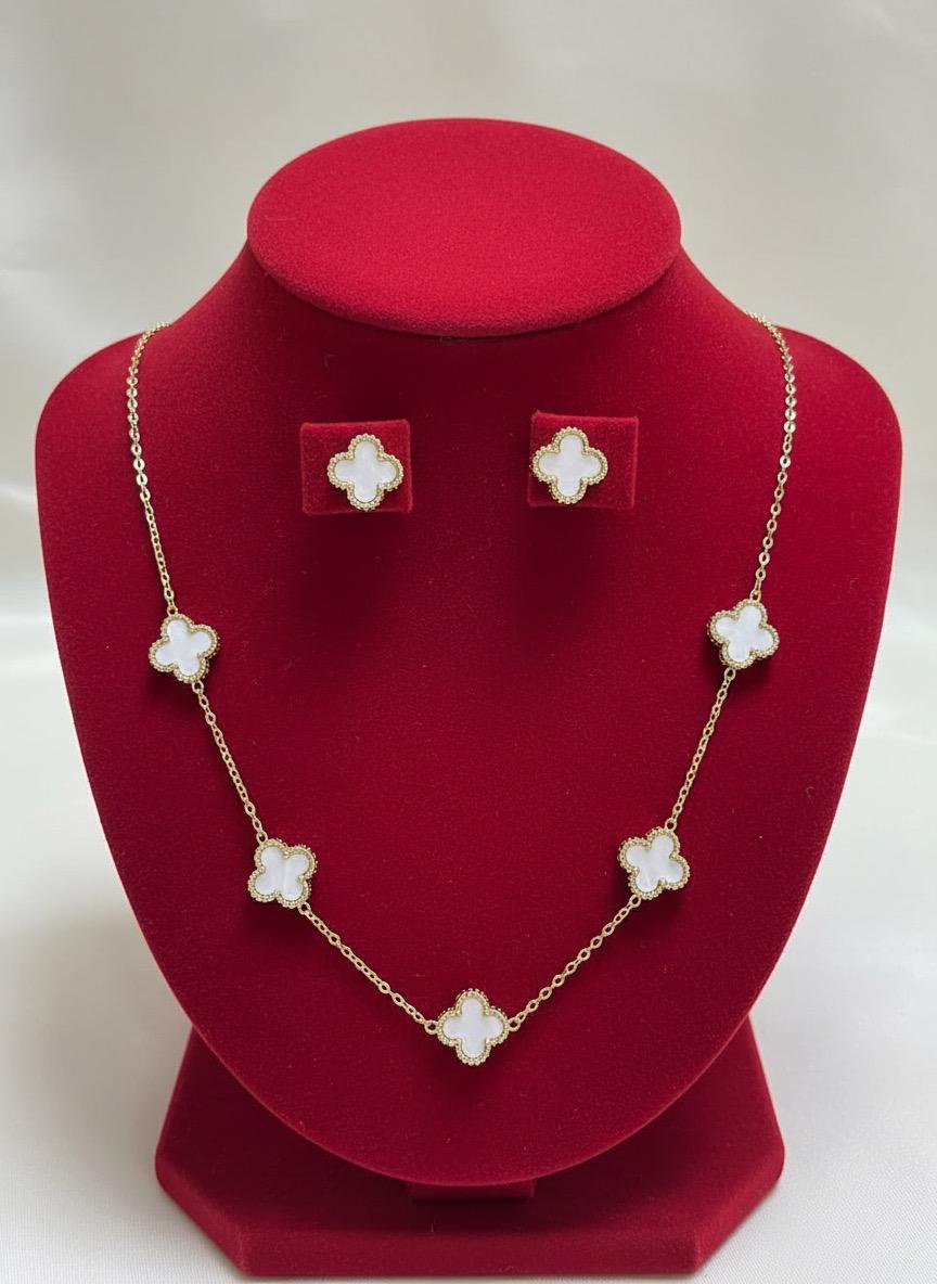 Elegant White Clover Necklace and Earring Set