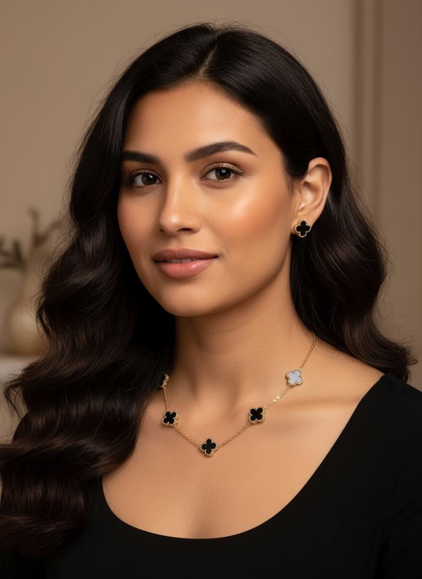 Charm of the Night Multi Black Clover Neck Chain and Earring Set