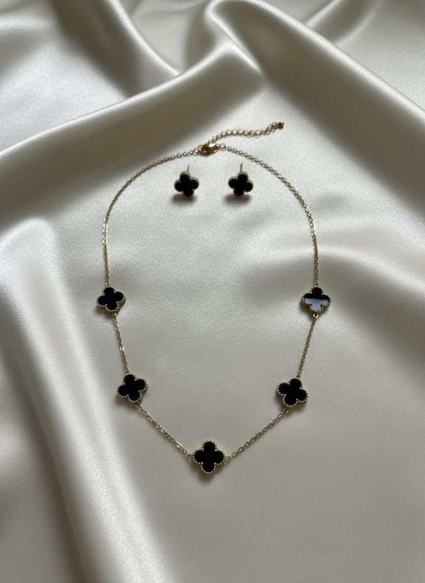 Charm of the Night Multi Black Clover Neck Chain and Earring Set