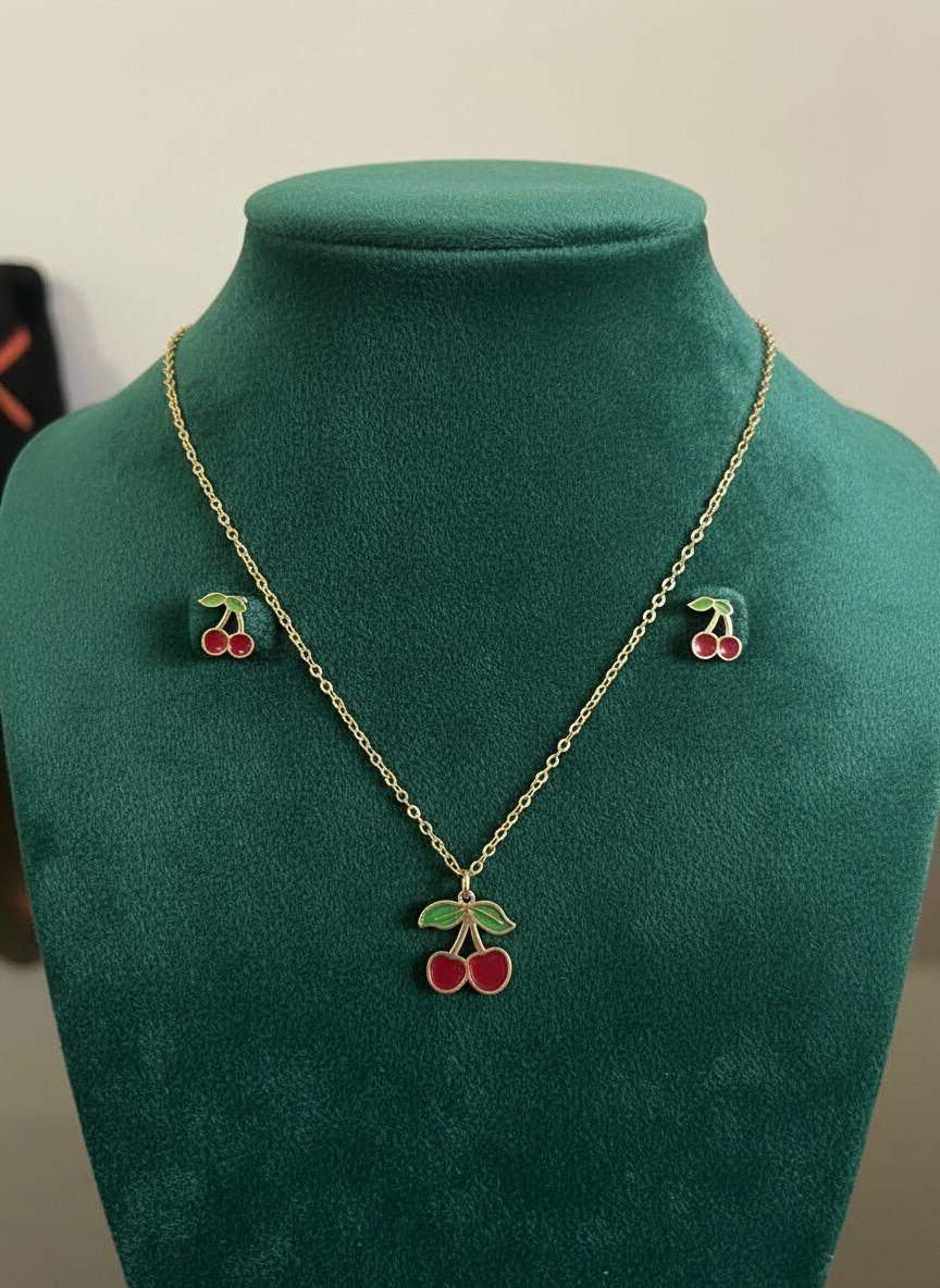 Cute Cherry Pendant Chain and Earring set