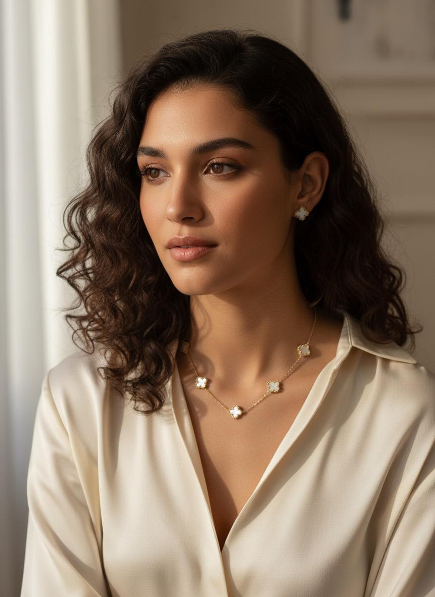 Elegant White Clover Necklace and Earring Set