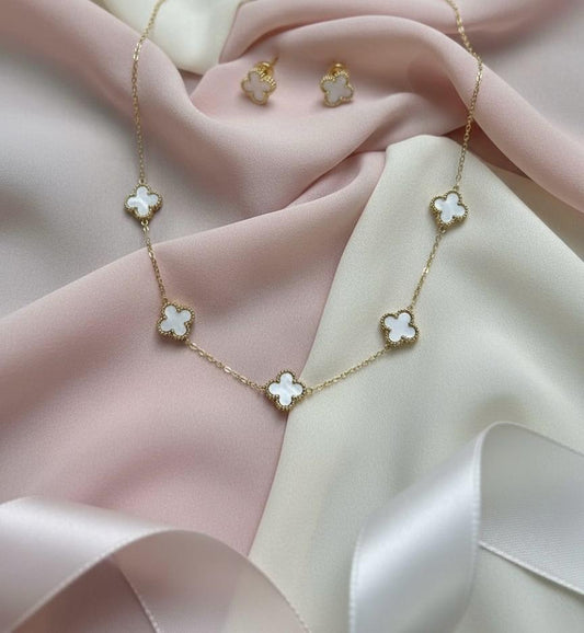 Elegant White Clover Necklace and Earring Set