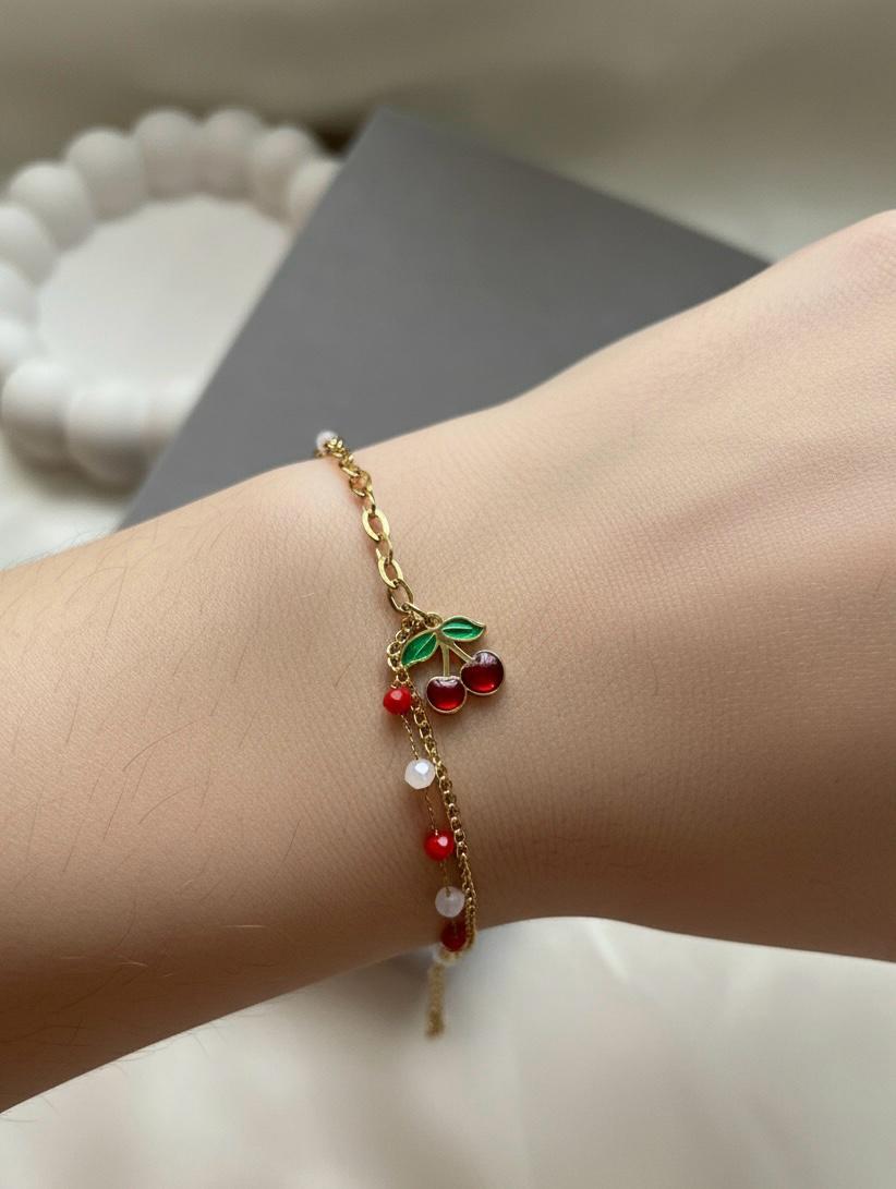 Cherry Charm and Beads Bracelet