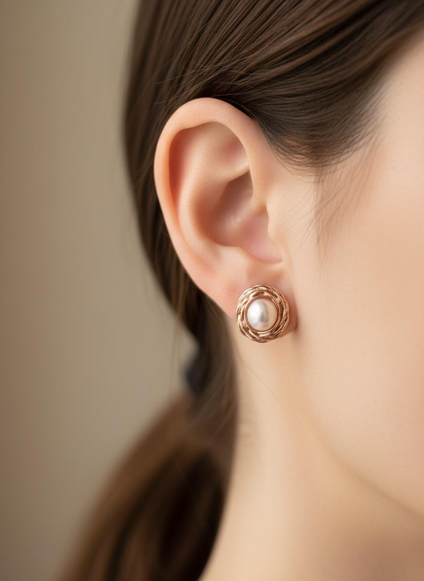 Gold Nested Pearl Rose Gold Stud Earrings